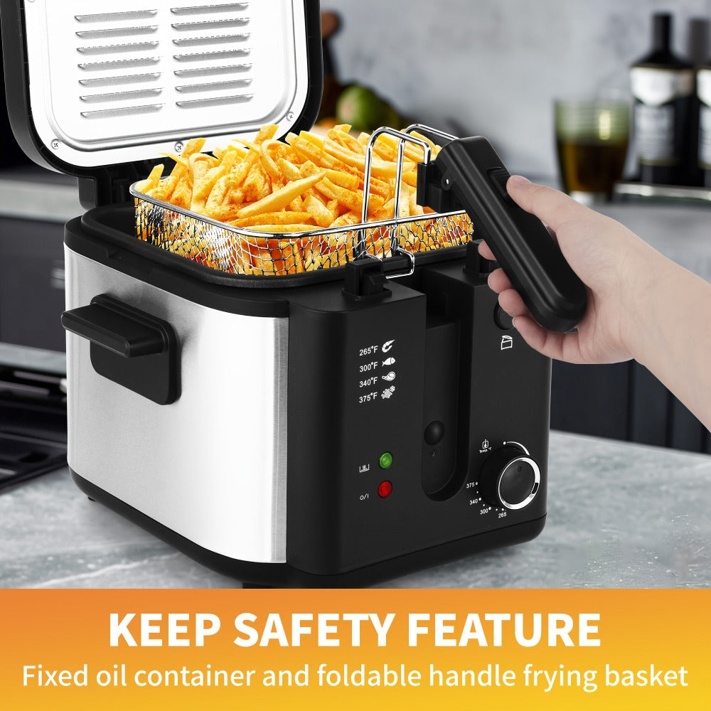 Black Deep Fryer in 1.5L to 6L Sizes with Foldable Basket Handle, Transparent Window and Removable Lid