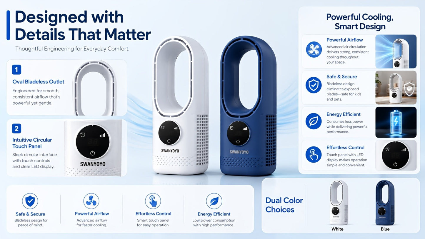 Portable Fan USB-Powered Bladeless Tower Model with Water Mist, Remote, Touch Controls and LED Light