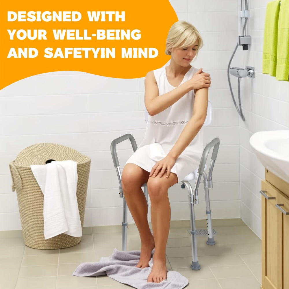 Shower Chair with Armrests & Backrest, Height Adjustable Aluminum Bath Seat, Rubber Feet, Cushioned Support for Elderly