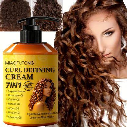 7-in-1 Curl Defining Cream by MIAOFUTONG in 280ml Pump Bottle with Seven Front-Label Botanical Ingredients