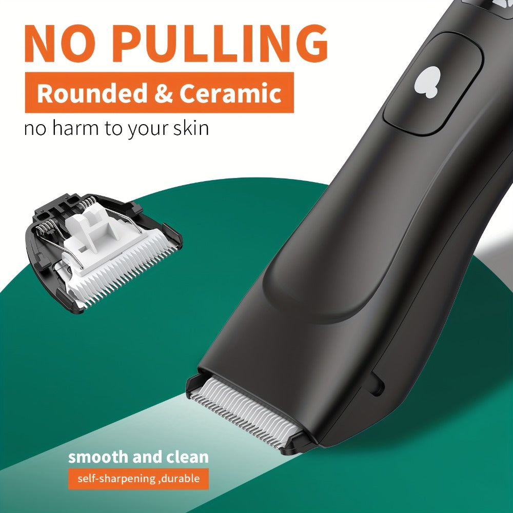 Groin Trimmer Men IPX7 Waterproof Ceramic Blade Electric Body Shaver – LCD Battery Display & Replaceable Head
