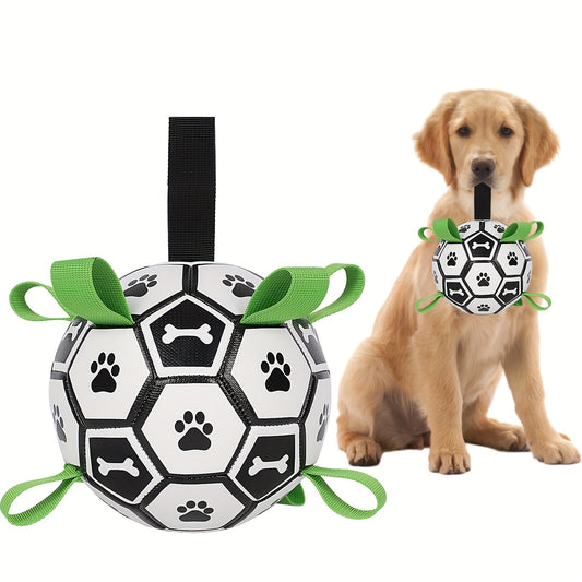 Soccer Ball Dog Toy with Straps – Interactive Tug of War Ball for Dogs, Durable Outdoor Water Toy for Small Medium Dogs