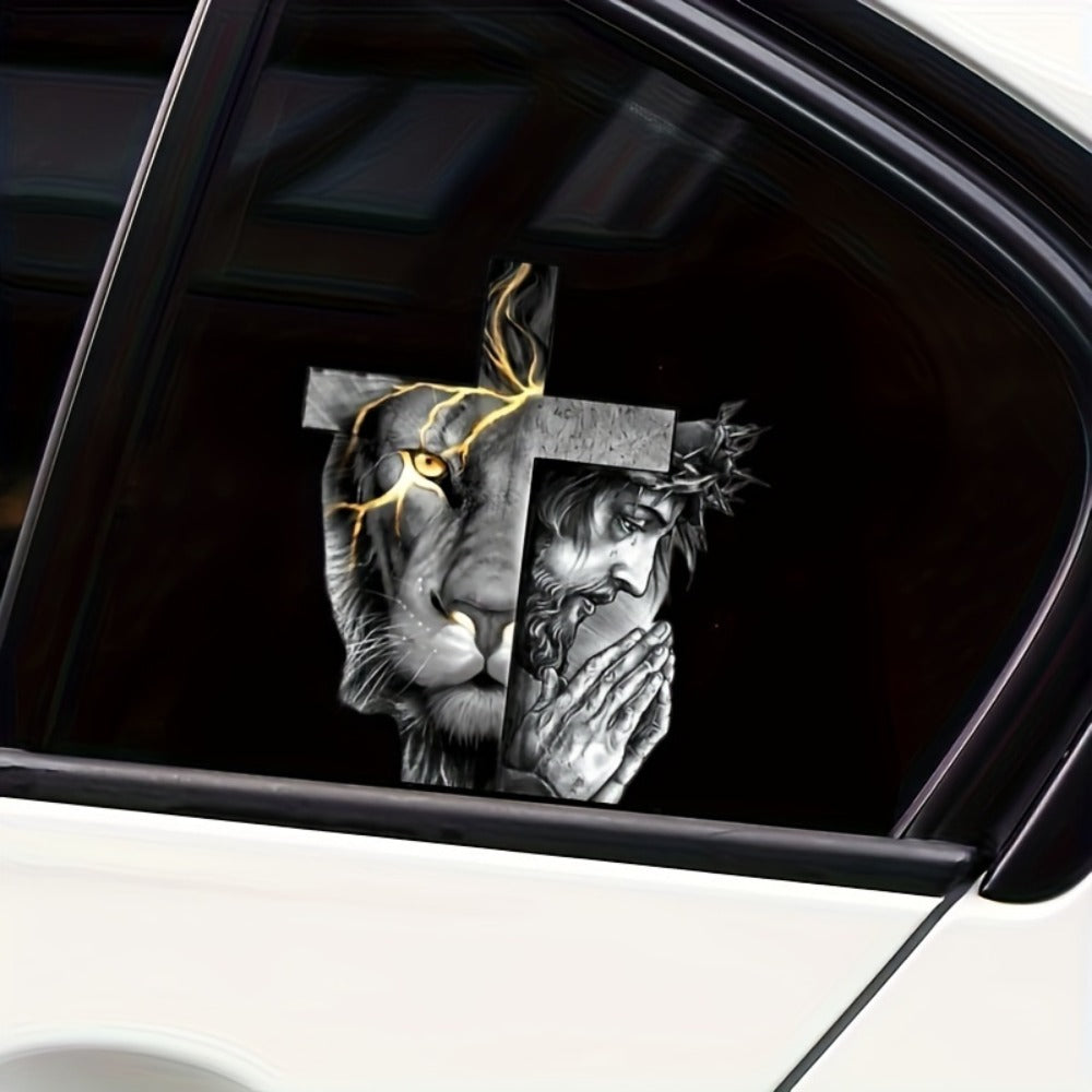 Two-Piece Lion-and-Cross Decal Set with Black-and-Gold Portrait Artwork for Vehicle or Flat Surfaces