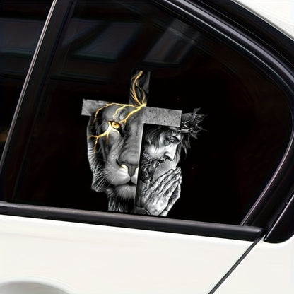 Two-Piece Lion-and-Cross Decal Set with Black-and-Gold Portrait Artwork for Vehicle or Flat Surfaces