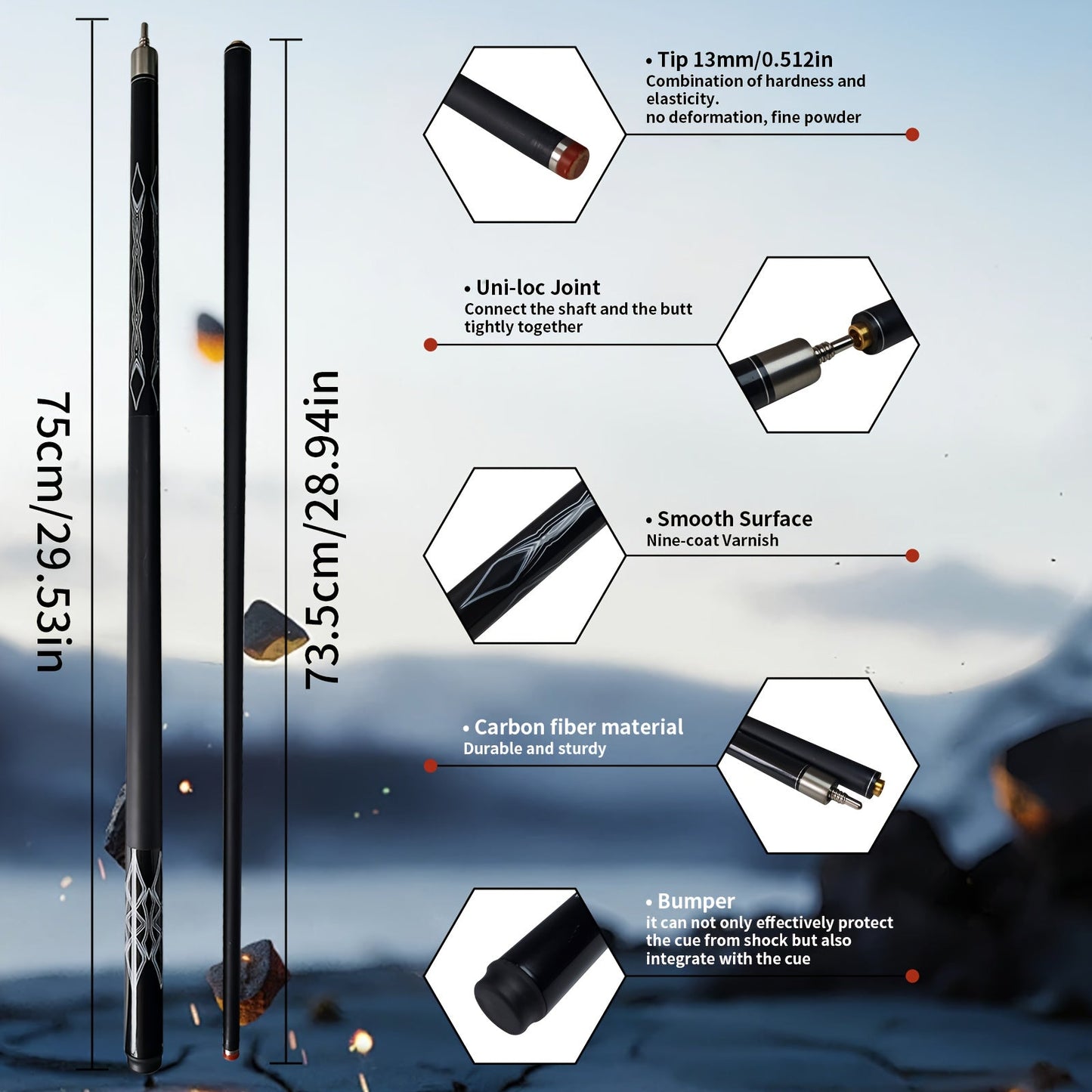 57-Inch Carbon Fiber Pool Cue with 13mm Tip, Two-Piece Black Patterned Design and Metal Joint