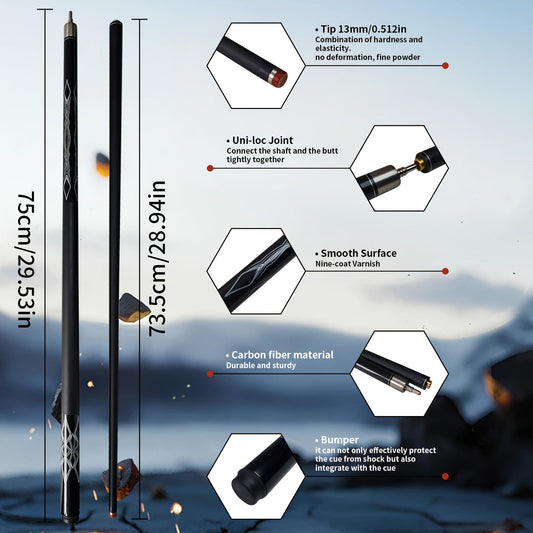 57-Inch Carbon Fiber Pool Cue with 13mm Tip, Two-Piece Black Patterned Design and Metal Joint