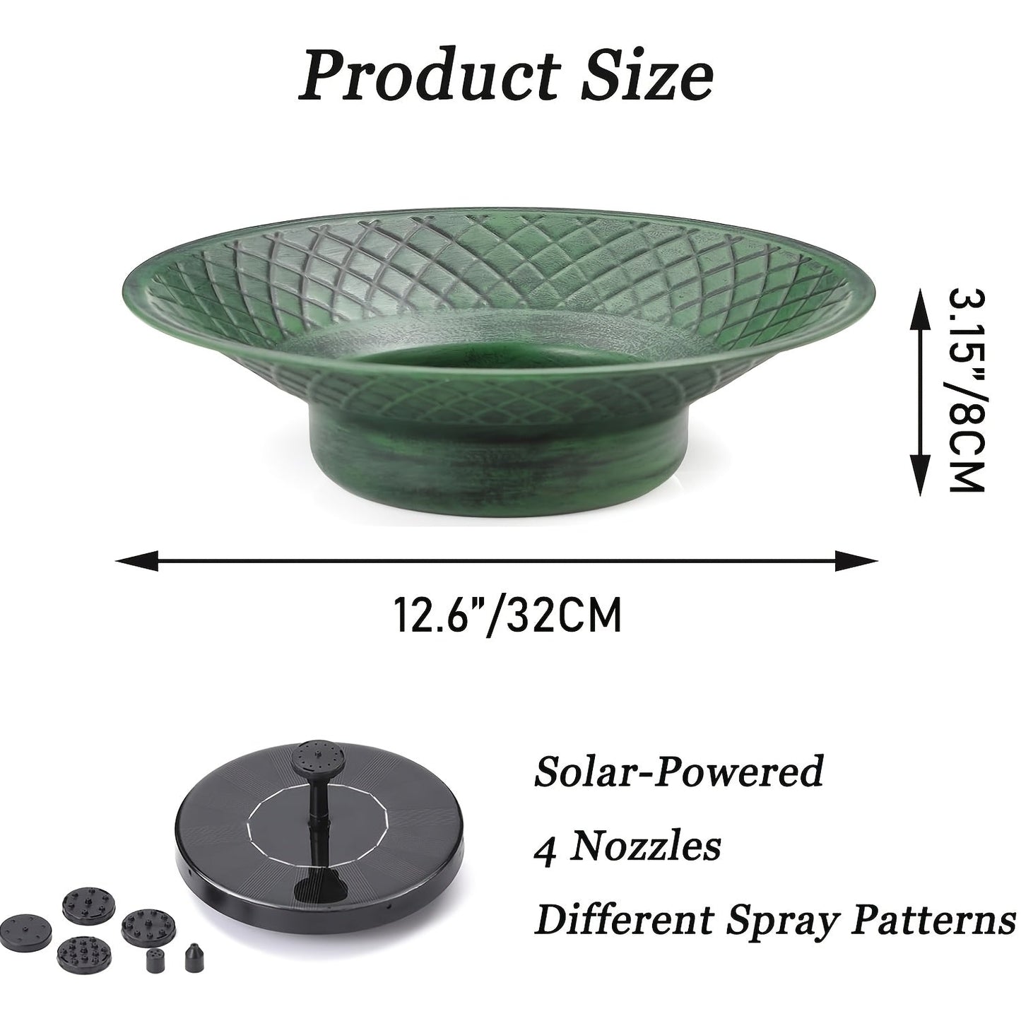 Bird Bath Solar Fountain 12.6" Green Metal Bowl Garden for Garden, Patio and Yard Use, with the Listed Configuration