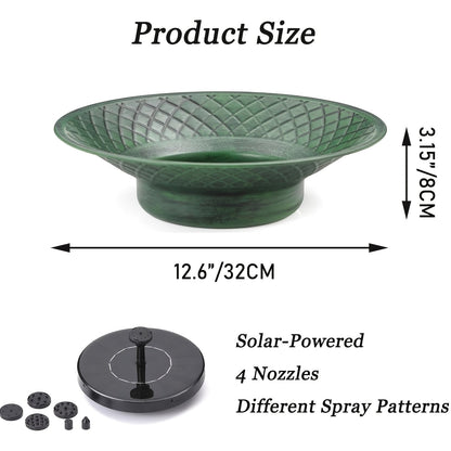 Bird Bath Solar Fountain 12.6" Green Metal Bowl Garden for Garden, Patio and Yard Use, with the Listed Configuration