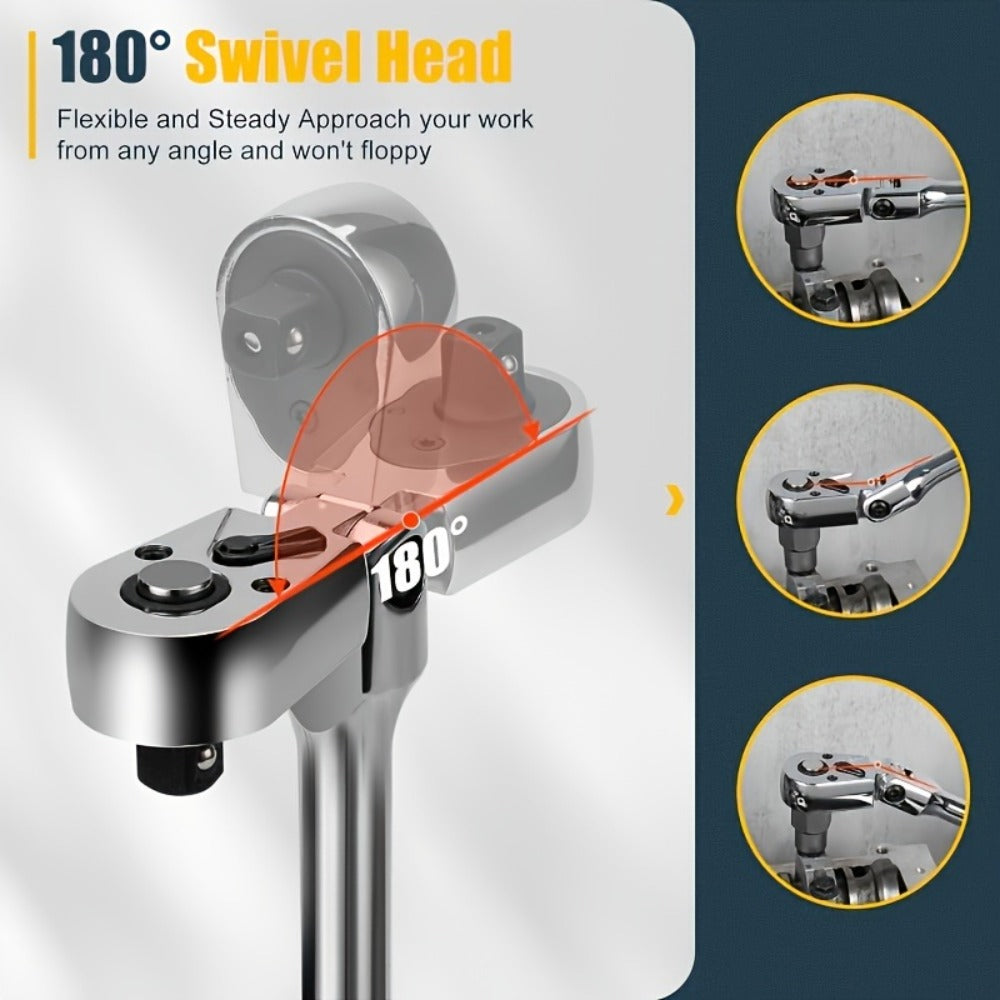 6-Piece Ratchet Wrench Set 1/4" 3/8" 1/2" Drive – Rotating Head Ratchet with Extension Bar, Chrome-Plated Stainless Steel