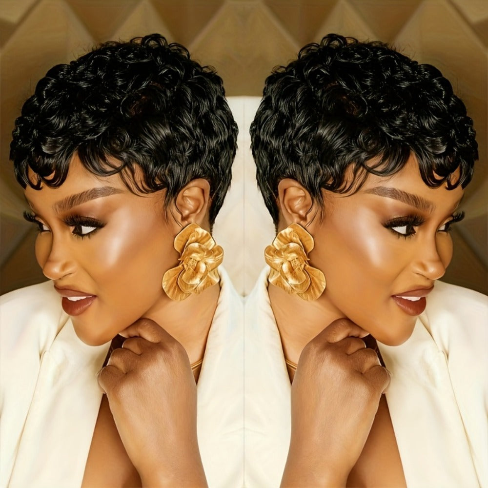 Wig Short Curly Pixie Bob in Natural Black, 6-Inch Human Hair with Bangs and Machine-Made Glueless Cap