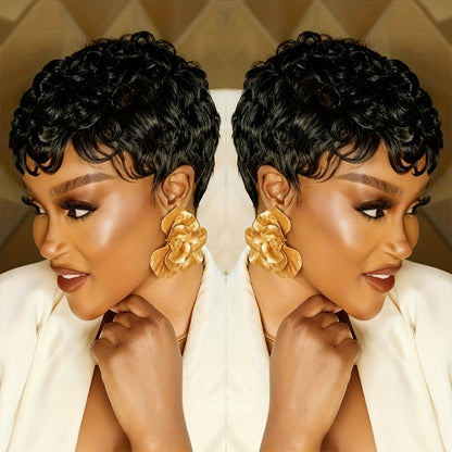 Wig Short Curly Pixie Bob in Natural Black, 6-Inch Human Hair with Bangs and Machine-Made Glueless Cap