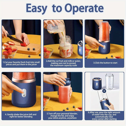Mini Blender, Personal Smoothie Blender USB Rechargeable 6-Blade 13.5oz Travel Cup Mini Blender for Shakes Fruit Juice