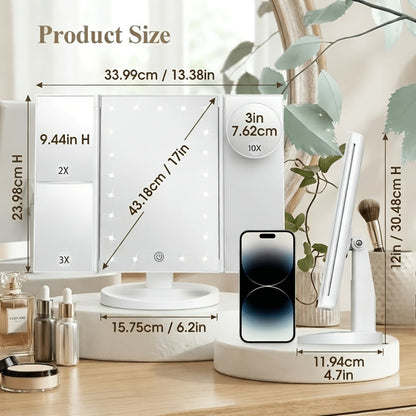 LED Tri-Fold Makeup Mirror with Touch Screen, 1X/2X/3X/10X Magnifying Vanity Mirror, Flexible Adjustable Base