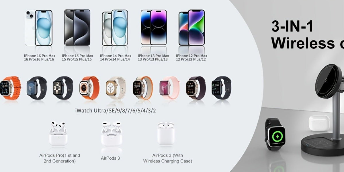 Wireless Charging Station, 3-in-1 Qi-Labeled Stand for iPhone, Apple Watch and AirPods Models in Six Colors