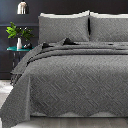 Rhombus-Pattern Three-Piece Bedspread Set in Khaki, Matcha, Blue and Grey with Twin to King Sizes