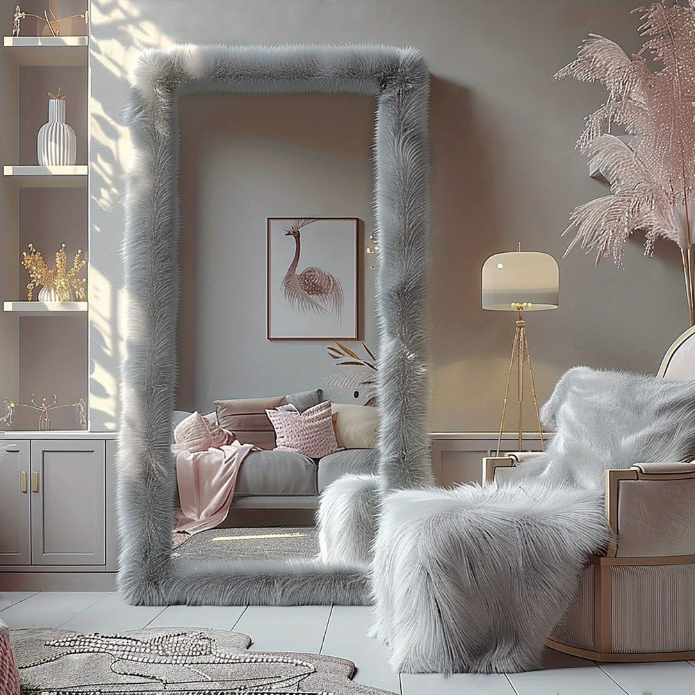 Full Length Mirror with Faux Fur Frame 24x63 Inch Leaning Floor Mirror for Bedroom Living for Entryways, Bedrooms and Living Spaces