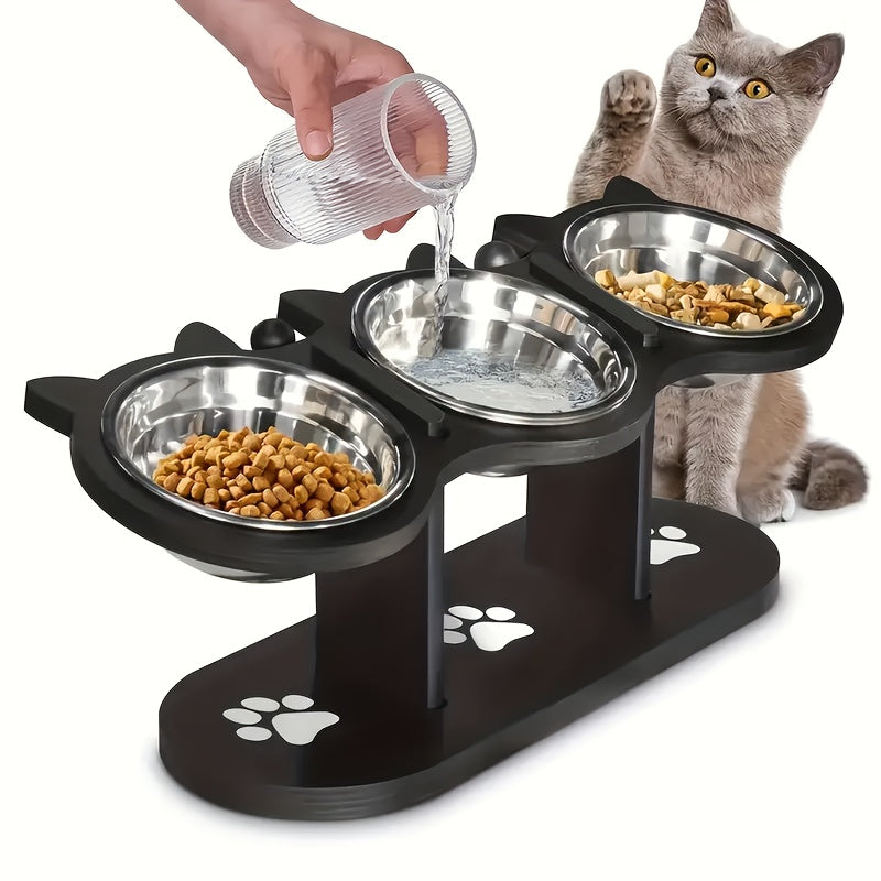 Elevated Cat Bowl – Adjustable Height Stainless Steel Raised Feeder with Anti-Spill Black Wooden Base, Indoor Food & Water Dish for Cats