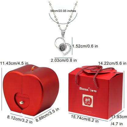 Preserved Real Rose Gift Box with I Love You in 100 Languages Necklace, Romantic Gifts for Girlfriend Wife Mom