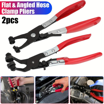 Two-Piece Hose Clamp Pliers Set with Flat and Angled Swivel Jaws, Red Handles and Pictured 22 cm Length
