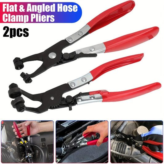 Two-Piece Hose Clamp Pliers Set with Flat and Angled Swivel Jaws, Red Handles and Pictured 22 cm Length