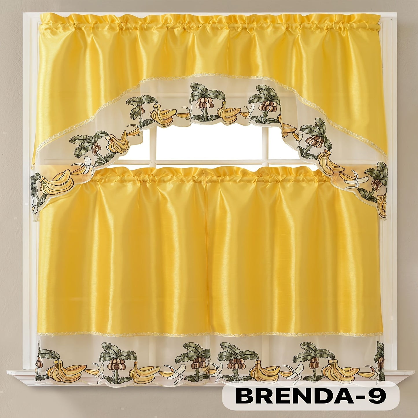 Kitchen Curtains 3 Piece Set Embroidered Satin Valance and Tiers – Rod Pocket Light Filtering Machine Washable 46 Colors