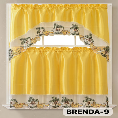Kitchen Curtains 3 Piece Set Embroidered Satin Valance and Tiers – Rod Pocket Light Filtering Machine Washable 46 Colors