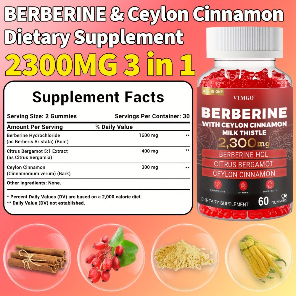 Berberine HCL Gummies 2300mg 60ct with Ceylon Cinnamon, Milk Thistle & Turmeric for Blood Sugar Balance