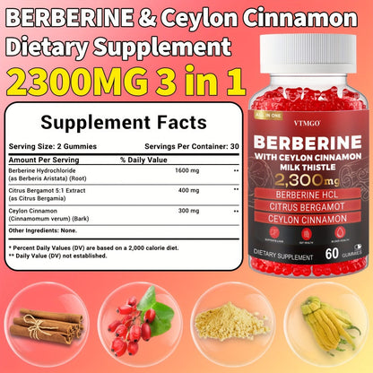 Berberine HCL Gummies 2300mg 60ct with Ceylon Cinnamon, Milk Thistle & Turmeric for Blood Sugar Balance