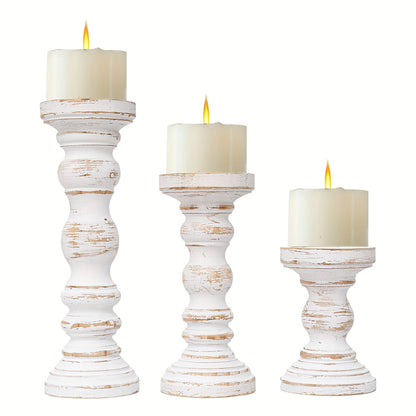 Wood Pillar Candle Holder Set of Three with Turned Pedestal Profiles, 16cm, 23cm and 30cm Heights in Three Finishes
