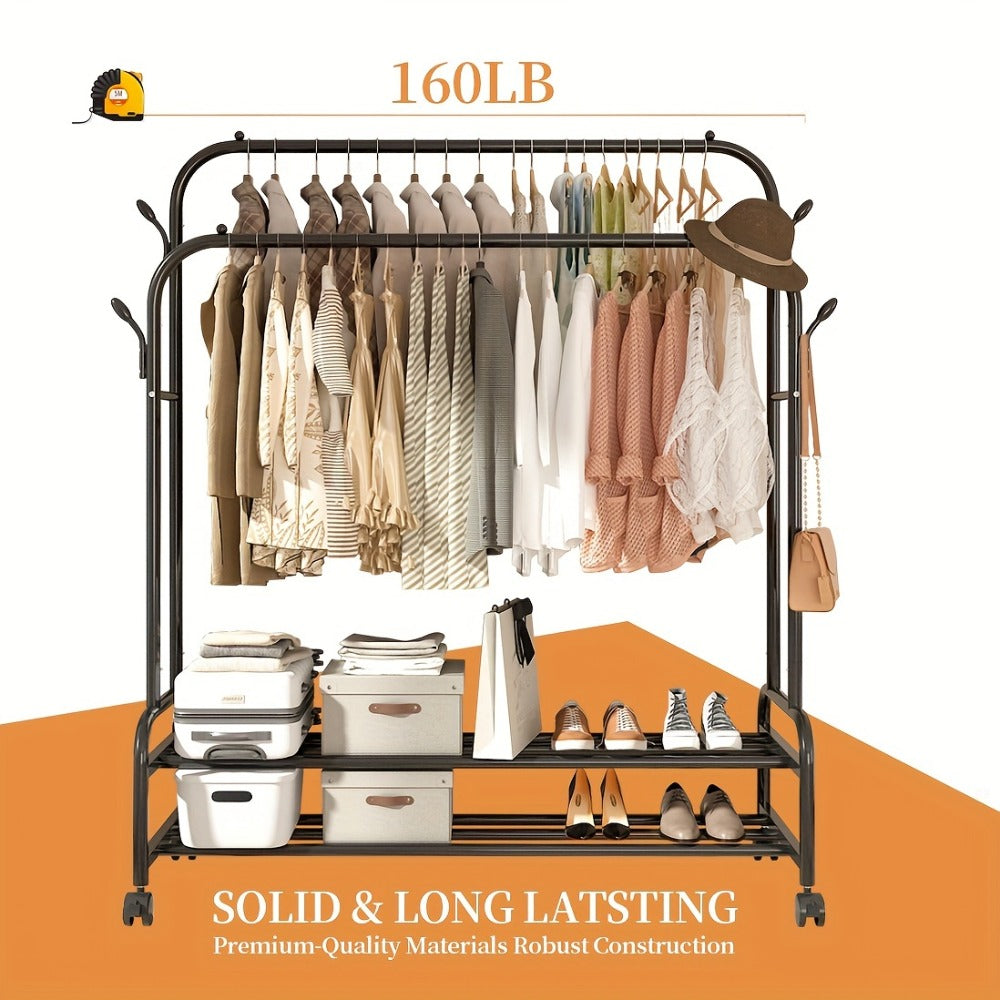 Double Rod Clothes Rack with Wheels Metal Garment Rack with Shelves and Hooks Portable Closet Organizer for Bedroom Living Room Gold
