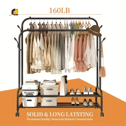 Double Rod Clothes Rack with Wheels Metal Garment Rack with Shelves and Hooks Portable Closet Organizer for Bedroom Living Room Gold