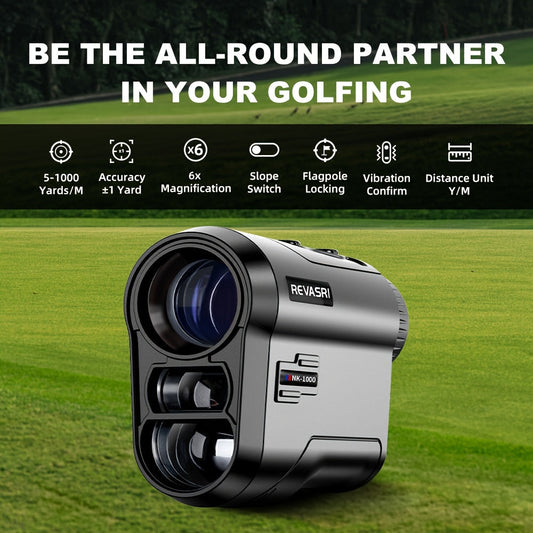 Black Golf Laser Rangefinder with NK-600 and NK-1000 Variant Images, 6x Optics, Slope Switch and USB-C Charging
