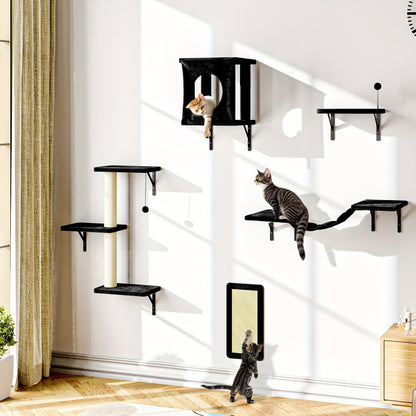 Cat Wall Shelves 5-Piece Set – Wall-Mounted Cat Furniture with Floating Perch, Cat Climber, Bridge & Cat Bed