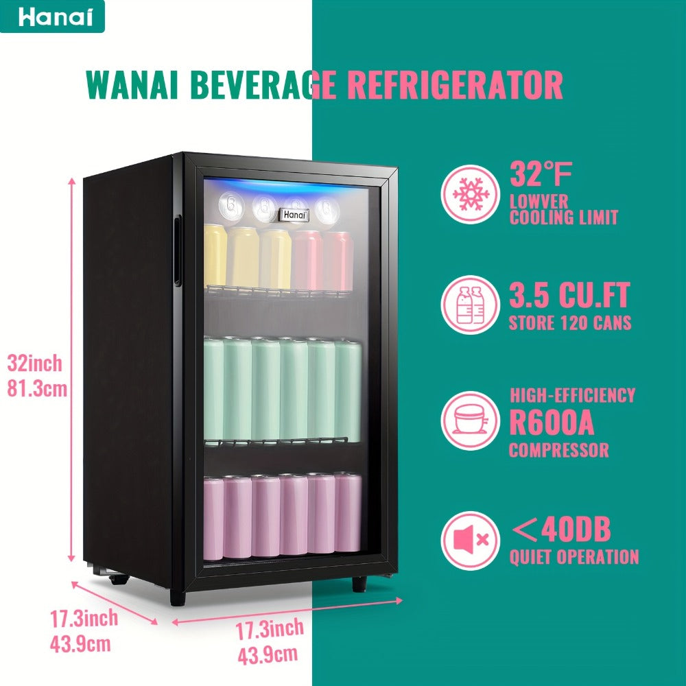 Beverage Refrigerator with Glass Door, Mini Drink Cooler Fridge with Blue LED Light, 3 Adjustable Shelves & R600a Compressor