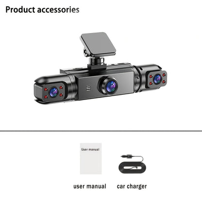 360° Panoramic Dash Cam 3 & 4 Lens 1080P HD Front + 720P Rear Left Right, Quad-Split Screen, HD Night Vision WDR G-Sensor Loop Recording