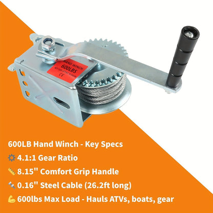 Manual Hand Winch Carbon Steel 800- - Double Brake Safety System, Strap Winch with Mooring Hook & Safety Pawl