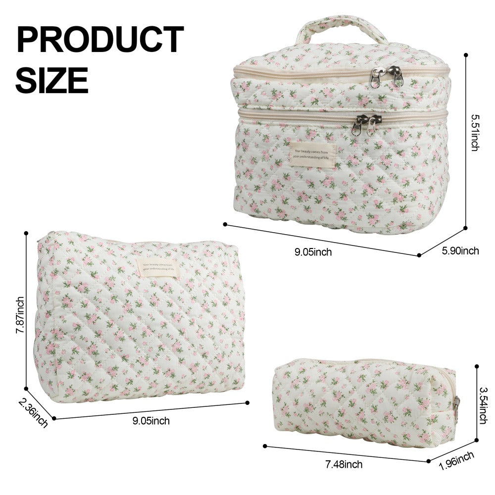 Quilted Floral Makeup Bag Set 3PCS Large Capacity Dual Layer Cotton Cosmetic Bags Coquette Aesthetic Travel Toiletry Organizer Gift