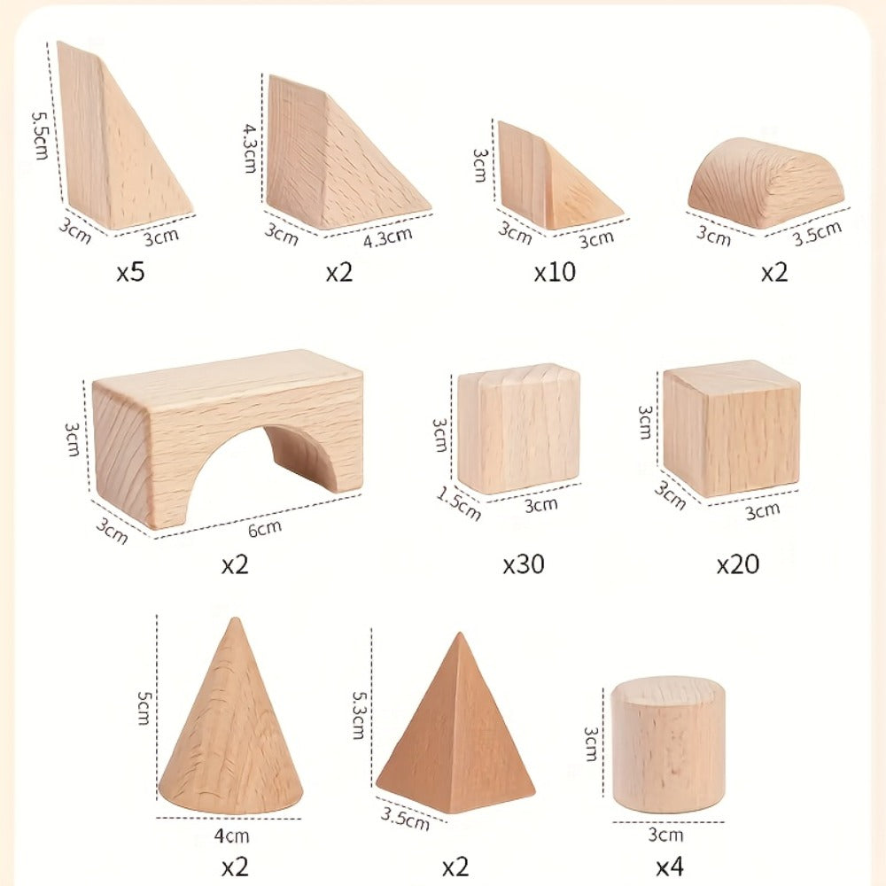 Natural Beech Wood Blocks 100 Piece Unpainted Solid Wooden Building Set, STEM Logical Thinking Toy for Kids Ages 3-12