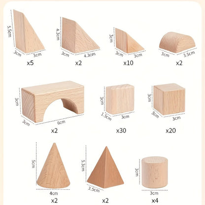 Natural Beech Wood Blocks 100 Piece Unpainted Solid Wooden Building Set, STEM Logical Thinking Toy for Kids Ages 3-12