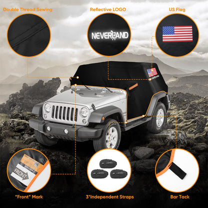 Jeep Wrangler Half Cab Cover in Black 210D Fabric with Reflective Strips, Storage Bag and 2-Door or 4-Door Options