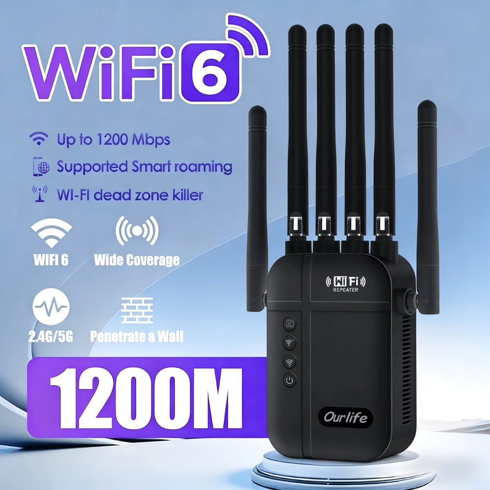 WiFi Extender 1300Mbps Dual Band AP & Relay Mode - 4 Powerful Antennas Full House Coverage, Ethernet Port