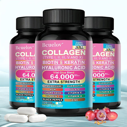 Collagen Capsules Types I II III V X with Biotin Keratin Hyaluronic Acid, Supports Skin Elasticity Hair Growth & Nail Strength