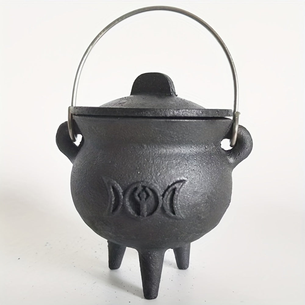 Cast Iron Cauldron with Lid & Handle, Witchcraft Incense Burner, Spell Ritual Pot, Halloween Decor