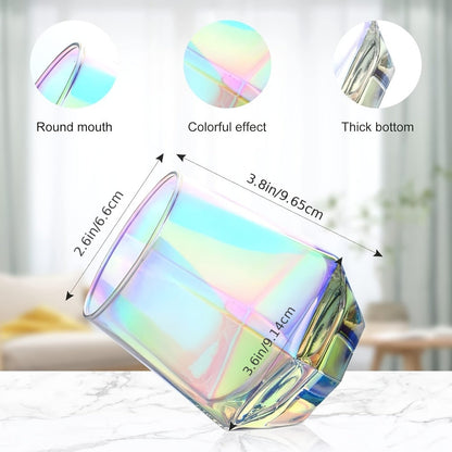 Six-Piece Iridescent Stemless Wine Glass Set with Faceted Bowls, Round Rims and Thick Clear Bases