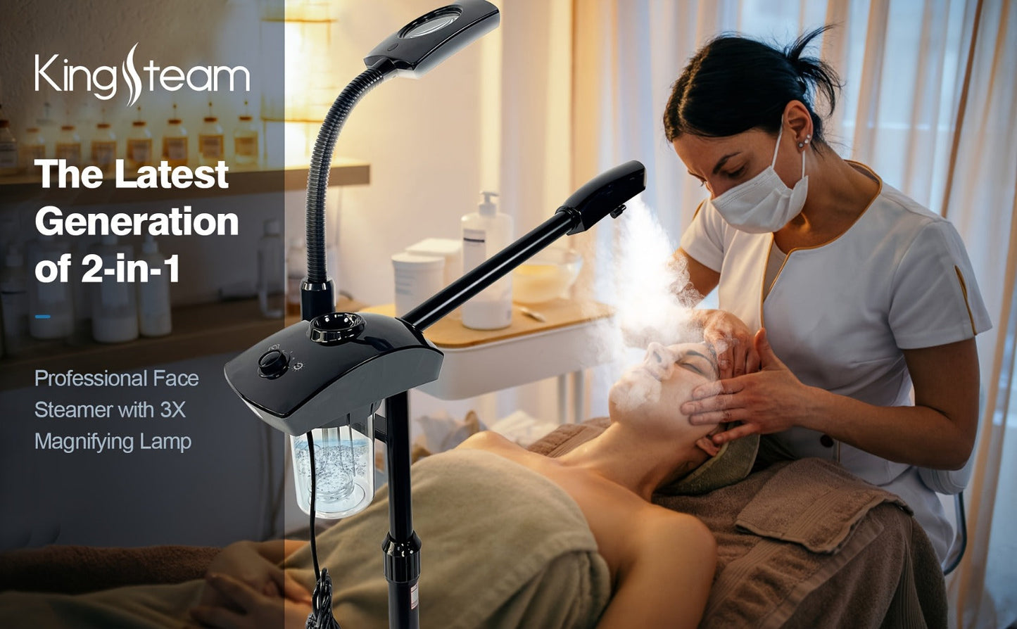Facial Steamer with Ozone & 3X Magnifying Lamp, 2-in-1 Professional Wheeled Spa Steamer, Timer Preset