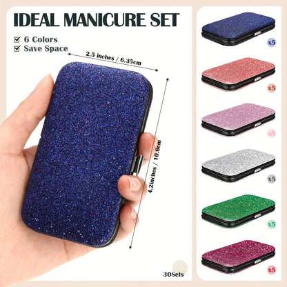 Bulk Manicure Gift Set 30 Packs 8-in-1 Stainless Steel Nail Care & Pedicure Tools with Glitter Travel Case