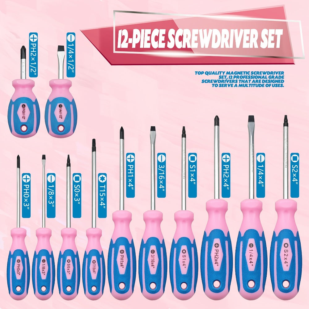 Pink 12-Piece Screwdriver Set with Slotted, Phillips and Torx Drivers in Model YW073 Configuration