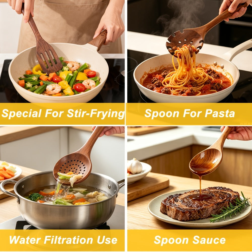 Kitchen Utensils 10-Piece Teak Wood Spoon and Spatula Set with Thickened, Basic and Shovel Configurations