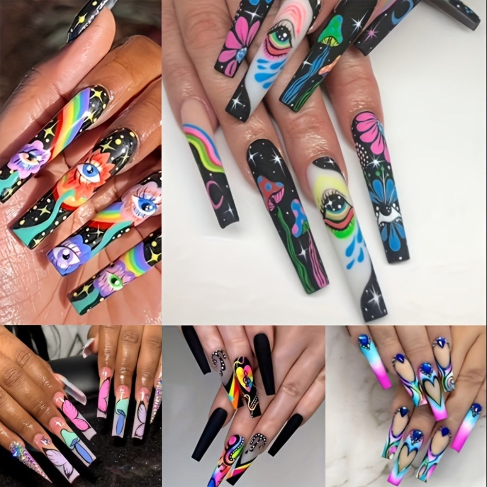 Press On Nails 120-Piece Extra-Long Five-Box Cosmic Eye Rhinestone Matte Floral Stripe Set with Glue