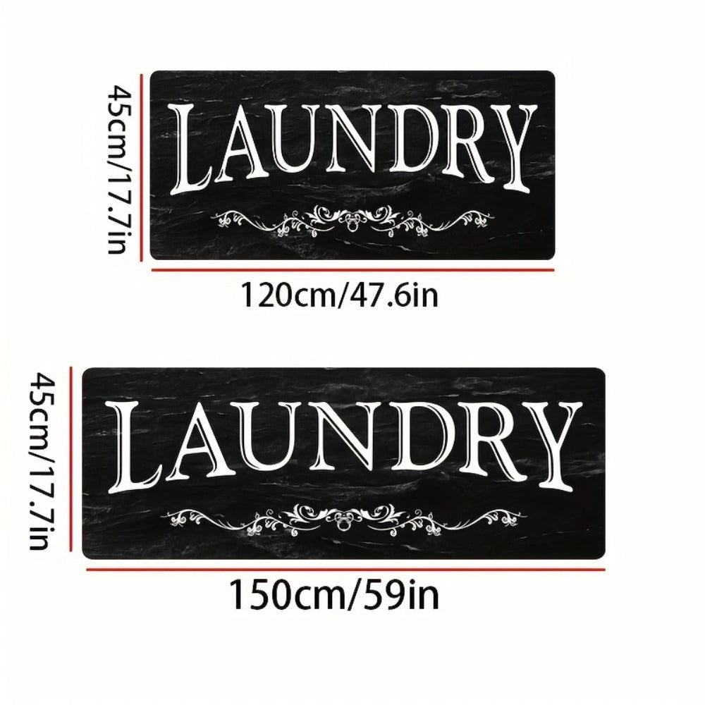 Laundry Room Mat Black & White LAUNDRY Text Non-Slip Machine Washable – Soft Polyester Cut-Pile Floor Rug for Laundry Room, Bathroom
